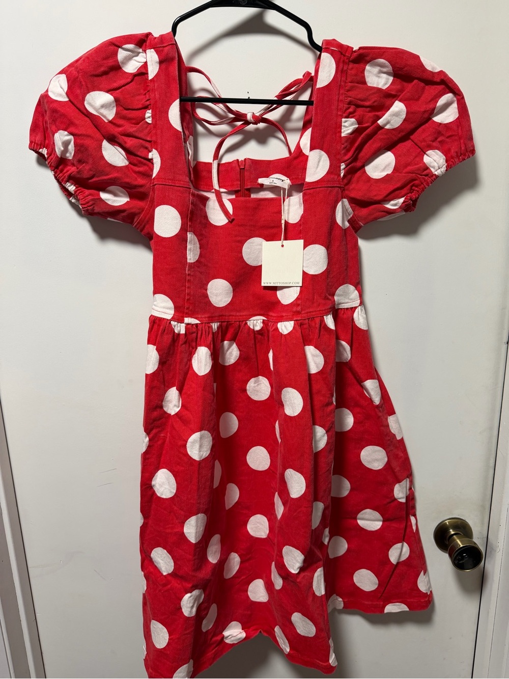Red and White Polka Dot Puff Sleeve Dress